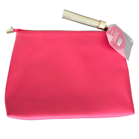 Tassel clutch make up bag “stop…glamour time” hot pink & gold zipper NWT - Picture 2 of 6